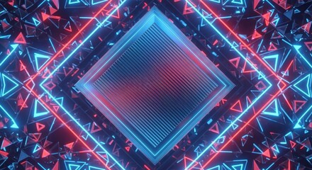 Abstract Neon Geometric Shapes and Triangles Forming a Kaleidoscopic Tunnel in Vibrant Blue and Red Hues