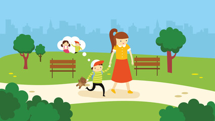 Mother and daughter playing in the park. Vector illustration in flat style