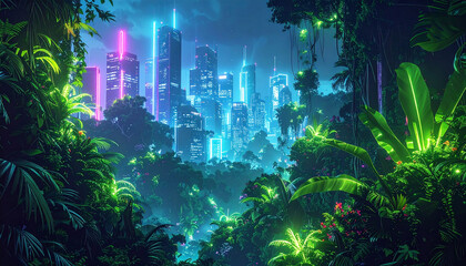 Fototapeta premium A futuristic neon-lit city skyline seamlessly blended with a dense jungle of glowing plants and vines, contrast between technology and wild nature, ultra-detailed, high resolution, no text.