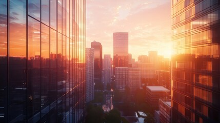 Golden hour cityscape with modern buildings and vibrant sky.