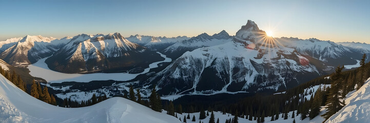 Mountain picturesque horizontal panoramic landscape in Dolomite Alps in winter at dawn. Sport season 2026 nature banner. Sun illuminates the mountain peaks.