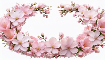 Soft Pink Blossoms Intertwining Forming Graceful Floral Wreath With Open Oval Center On Transparent Backdrop For Customizable Design Placement