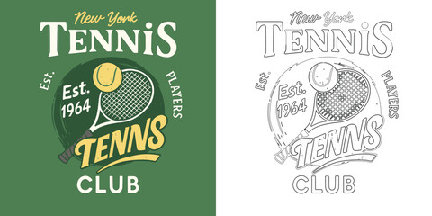 New York tennis club vector illustration T shirt design with ball racket retro sports typography emblem isolated on white background