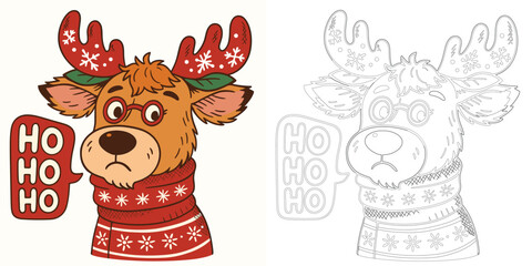 Fototapeta premium Christmas deer ho ho ho vector illustration T shirt design with cartoon reindeer winter holiday festive style isolated on white background