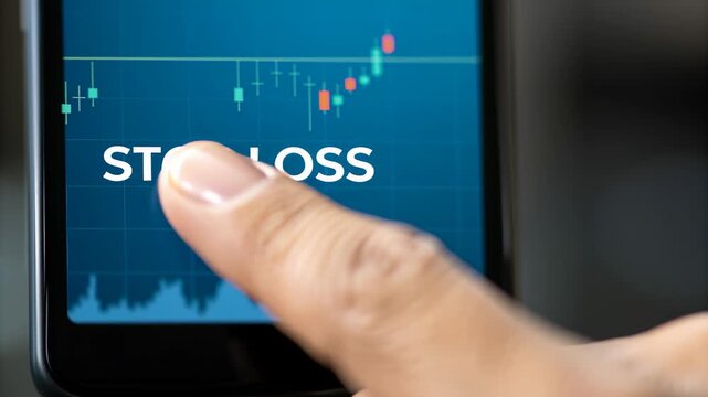 Cryptocurrency market volatility risk alert finger phone screen stop loss strategy control blue candlestick chart trading message investment drives