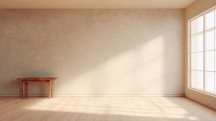 Empty room background with natural light, earth tones, and soft shadows. Suitable for product presentations and architectural visuals.