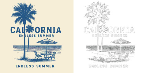 California endless summer vector illustration T shirt design with beach umbrella retro typography vacation style isolated on white background
