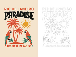 Rio de janeiro paradise vector illustration T shirt design with parrot palm trees tropical typography style isolated on white background