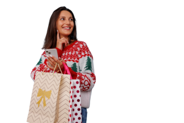 Happy woman holding shopping bags and phone, thinking about christmas gifts, transparent background