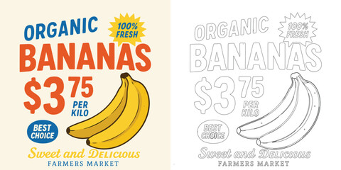 Organic bananas vector illustration T shirt design with fruit retro typography grocery tropical style isolated on white background