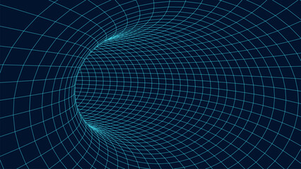 Graphic illusion of a tunnel. Holes in a funnel or mesh. Abstract 3D wireframe wormhole. Vector illustration.