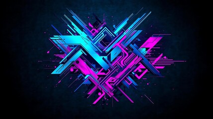 Abstract geometric explosion of neon blue and pink lines and shapes on a dark background.