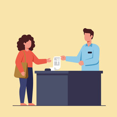 Woman passes a document to a clerk behind a dark gray desk