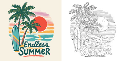 Endless summer vector T shirt design with palm tree beach sunset retro tropical vacation style illustration