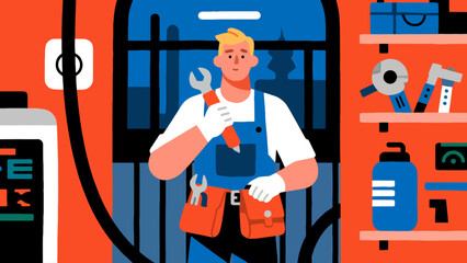The repairman is carrying a tool bag, cartoon hand-drawn vector illustrations