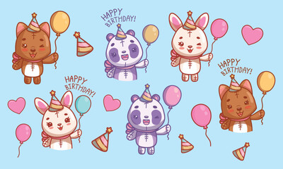 Set of funny kawaii animals, cute vector stickers