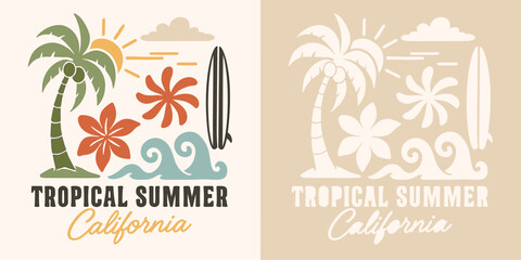Tropical summer California vector T shirt design with palm tree surfboard retro holiday beach illustration