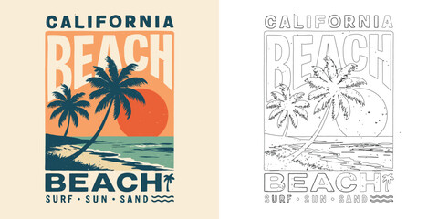 California beach surf sun sand vector T shirt design with palm tree ocean retro tropical holiday illustration
