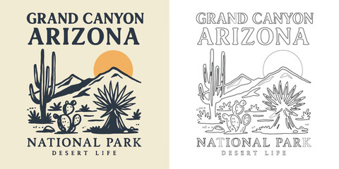 Grand Canyon Arizona vector T shirt design with national park desert cactus mountain retro travel illustration