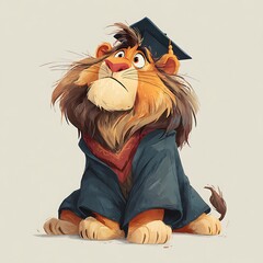 Cartoon Lion Wearing Graduation Cap with Red and Black Gown on Off White Background