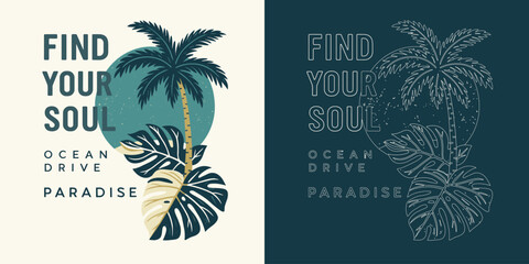 Find Your Soul Ocean Drive Paradise Palm Tropical Summer T Shirt Design Vector