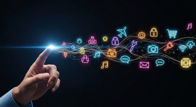 Global business social network concept: a hand touches a screen with media icons for internet communication