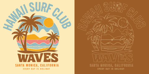 Hawaii Surf Club Waves Santa Monica California Palm Beach Sunset T Shirt Design Vector