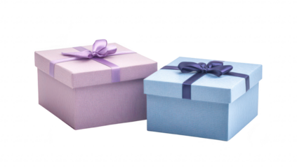 Two beautifully wrapped gift boxes in soft pastel colors. one pink and one blue. adorned with elegant bows. set against a clean white background. ideal for celebrations and special occasions
