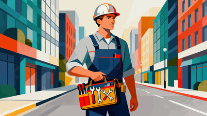 The repairman is carrying a tool bag, cartoon hand-drawn vector illustrations
