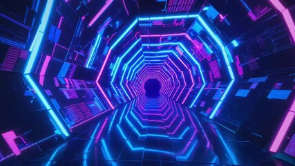 A futuristic hexagonal tunnel with glowing blue and pink neon lights creating a digital hyperspace corridor. - Powered by Adobe
