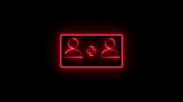 Red Neon Dual User Icon with Plus Sign on Black Background for Social Media Connections.