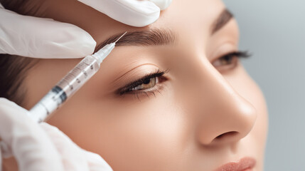 Clinician Injecting Anti-Aging Treatment at Eyebrow of a Woman - Close Up View