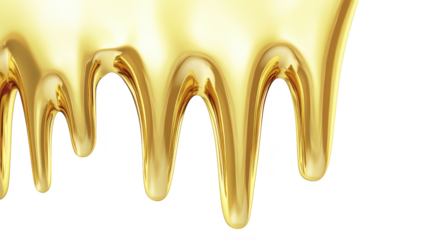 A close-up view of glossy golden liquid dripping down against a clean white background. creating a smooth. flowing texture that evokes a sense of luxury and richness