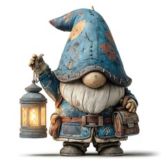 Gnome with Giant Weathered Blue Hat Holding Glowing Lantern on White Background in 3D Render