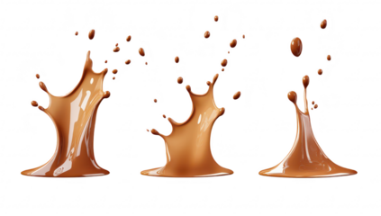 A dynamic trio of chocolate splashes fluid motion and texture against a clean white background. ideal for culinary. advertising. or artistic uses