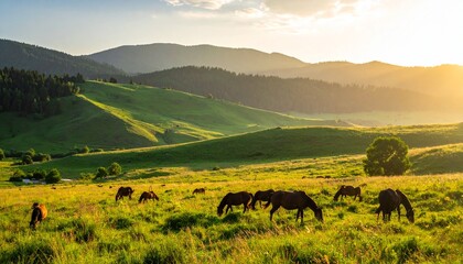 Obraz premium Horses graze in a lush green meadow with rolling hills and a bright sunset.