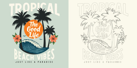 Tropical beach vibes vector illustration T shirt design with palm tree ocean retro typography summer style isolated on white background