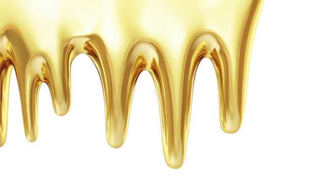 A close-up view of glossy golden liquid dripping down against a clean white background. creating a smooth. flowing texture that evokes a sense of luxury and richness