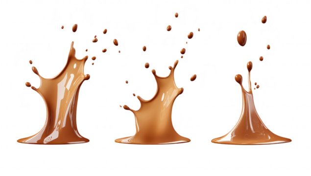 A dynamic trio of chocolate splashes fluid motion and texture against a clean white background. ideal for culinary. advertising. or artistic uses