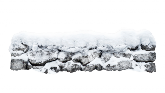 A snow-covered stone wall stands majestically against a bright white background. evoking a serene winter landscape. perfect for seasonal themes in photography or design