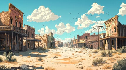 Deserted Old West ghost town street with abandoned buildings under a clear blue sky and white clouds.