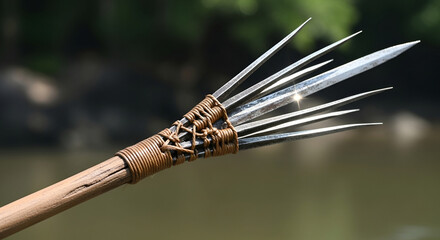 Close-up of a multi-pronged spearhead with woven binding, showing sharp points and a wooden shaft.