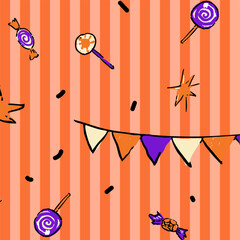 Halloween pattern with candy, lollipops, starbursts, and festive bunting on a striped orange background.