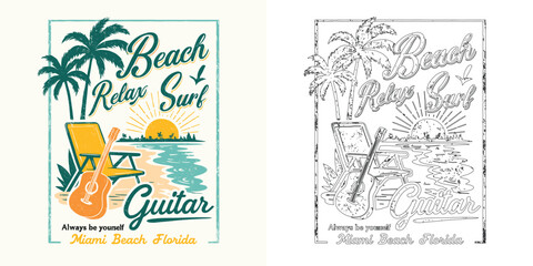Miami beach relax surf vector T shirt design with guitar palm tree sunset retro tropical holiday illustration