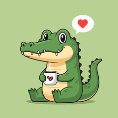 Cartoon Alligator Sitting with Coffee Mug and Heart Thought Bubble.