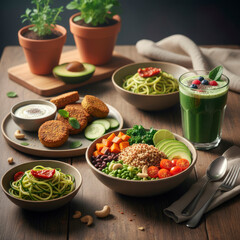 Delicious vegan bowls featuring healthy ingredients with a smoothie, perfect for a nutritious meal