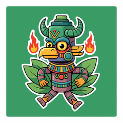 Cartoon AztecInspired Character with Horns Flames and Leafy Base.