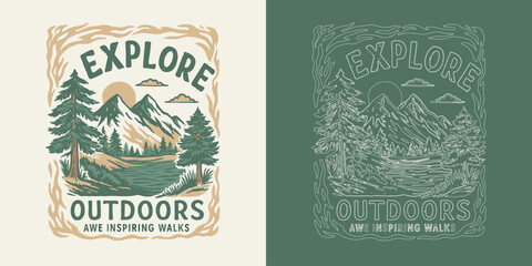 Explore Outdoors Mountain Forest Camping Adventure Vintage T Shirt Design Vector