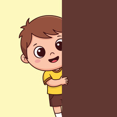 Cartoon boy with brown hair peeking from behind a dark brown wall.