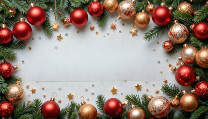 “Christmas Border with Red and Gold Ornaments on White Background”